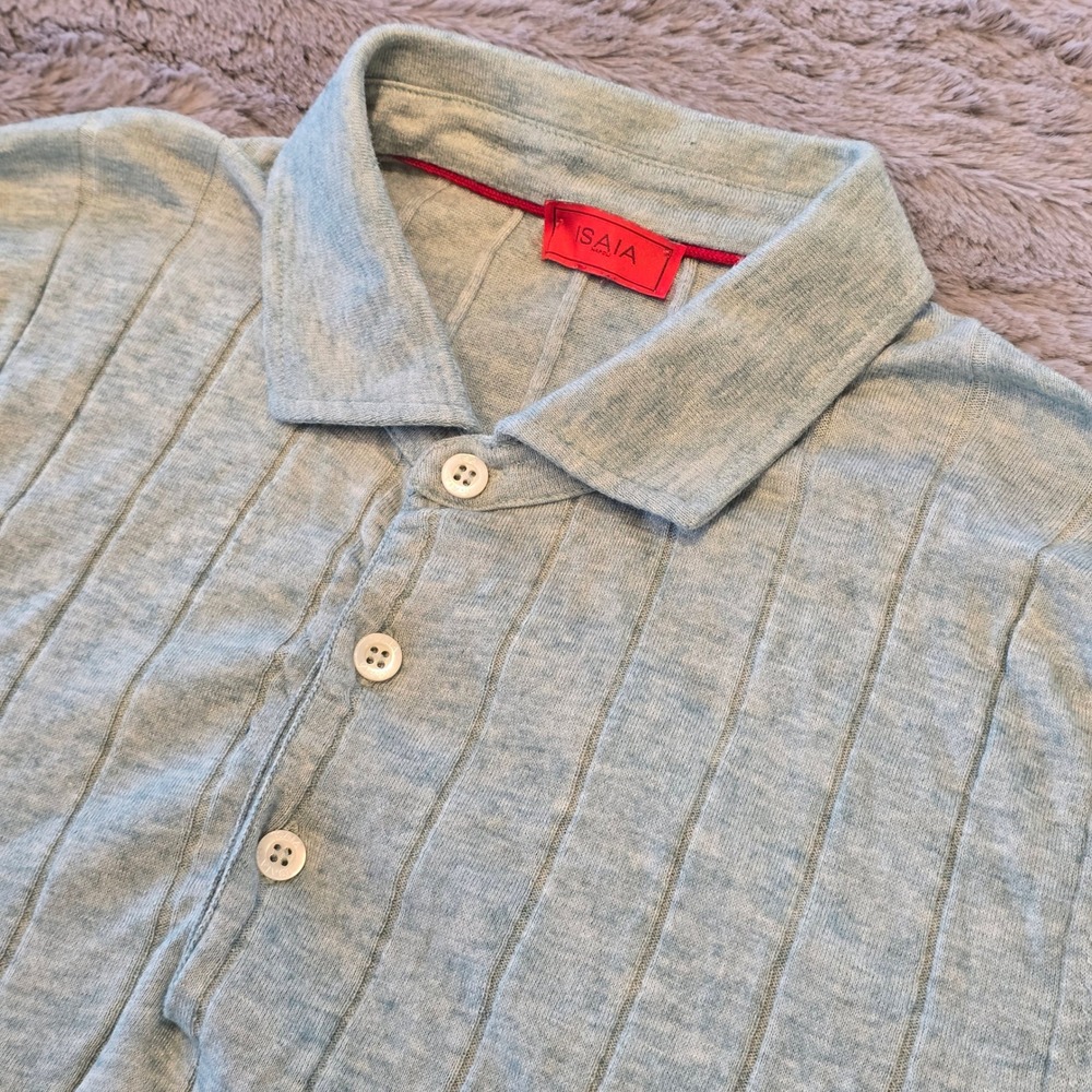Isaia Napoli Mens Cotton Cashmere Ribbed Knit Polo Shirt Light Blu Made in Italy